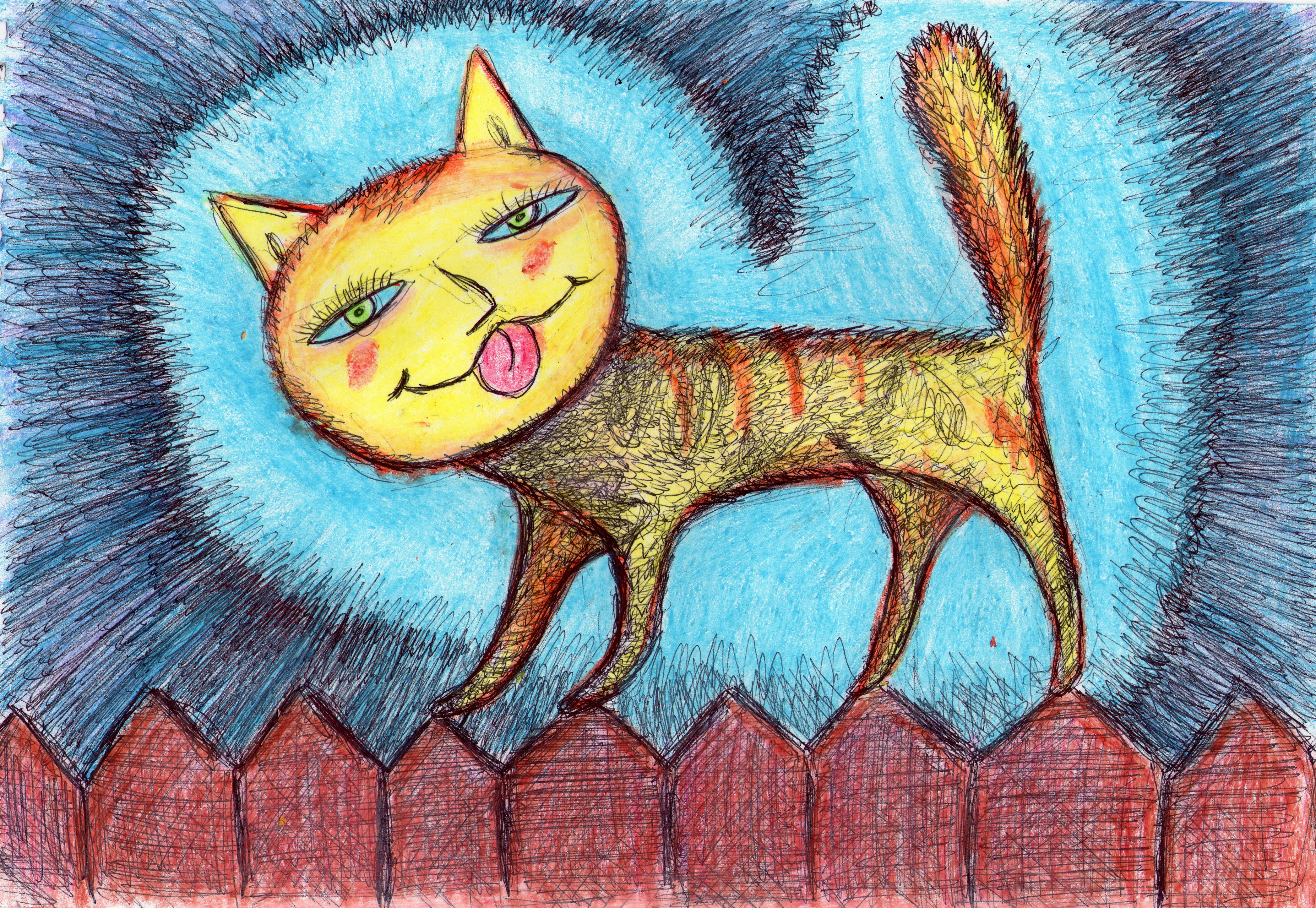Рисунок кошки восковыми карандашами